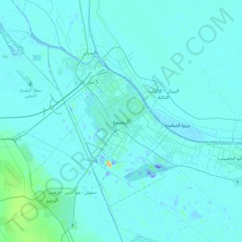 Mapa topográfico Basra, altitud, relieve