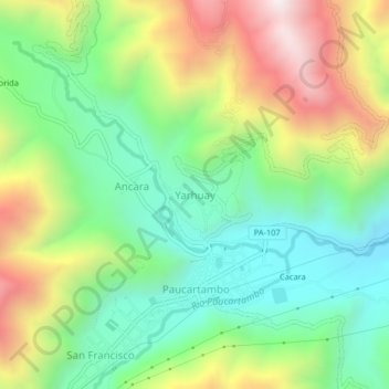 Mapa topográfico Yarhuay, altitud, relieve