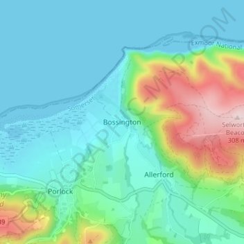 Mapa topográfico Bossington, altitud, relieve