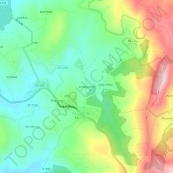 Mapa topográfico A Madanela, altitud, relieve