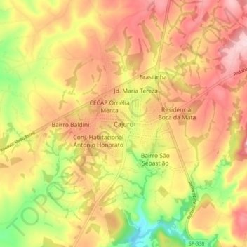 Mapa topográfico Cajuru, altitud, relieve