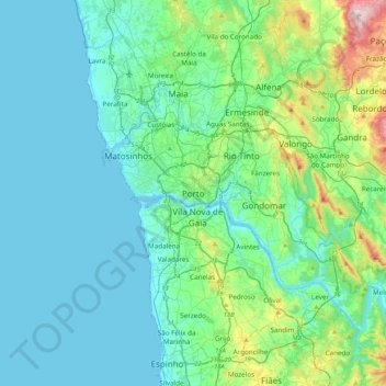 Mapa topográfico Porto, altitud, relieve