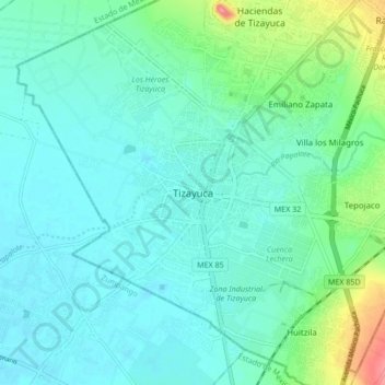Mapa topográfico Tizayuca, altitud, relieve