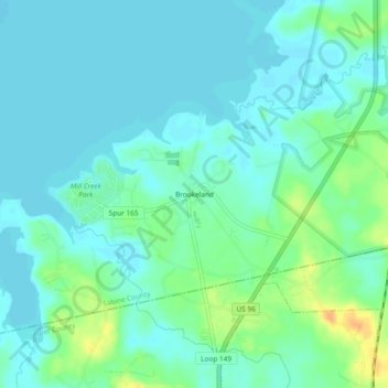 Mapa topográfico Brookeland, altitud, relieve