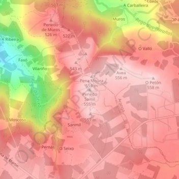 Mapa topográfico Penedo Samil, altitud, relieve