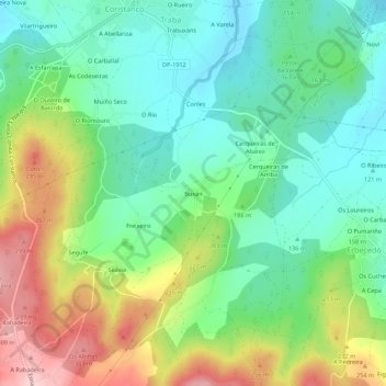 Mapa topográfico Buxán, altitud, relieve