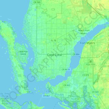 Mapa topográfico Cape Coral, altitud, relieve
