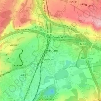 Mapa topográfico Merstham, altitud, relieve