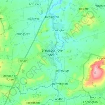 Mapa topográfico Shipston-on-Stour, altitud, relieve