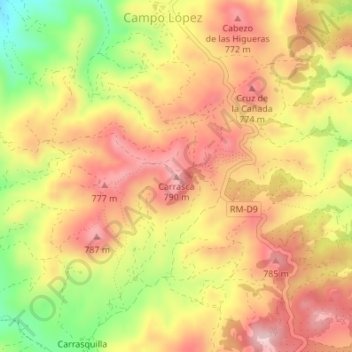 Mapa topográfico Carrasca, altitud, relieve
