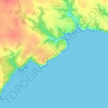 Mapa topográfico Cala Llombards, altitud, relieve