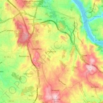 Mapa topográfico Pedroso, altitud, relieve