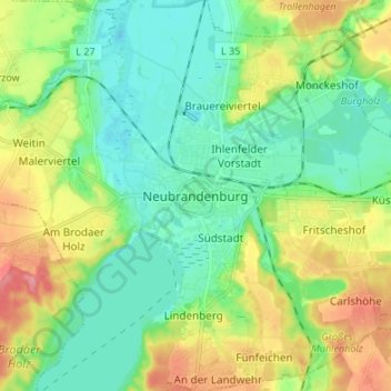 Mapa topográfico Neubrandenburg, altitud, relieve