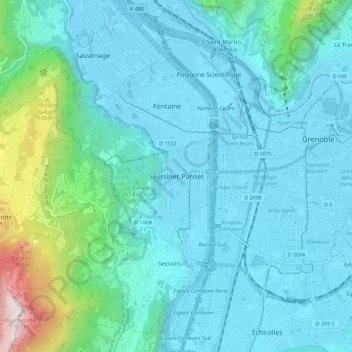 Mapa topográfico Seyssinet-Pariset, altitud, relieve