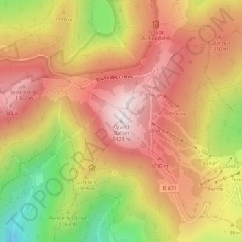 Mapa topográfico Grand Ballon, altitud, relieve