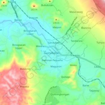 Mapa topográfico Guinobatan, altitud, relieve