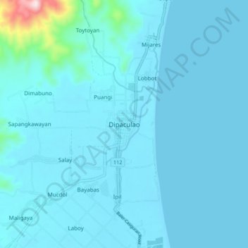Mapa topográfico Dipaculao, altitud, relieve