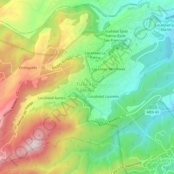 Mapa topográfico Tlazala De Fabela, altitud, relieve