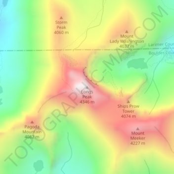 Mapa topográfico Longs Peak, altitud, relieve