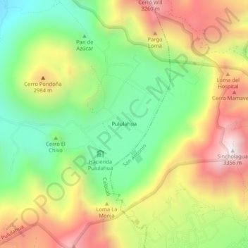 Mapa topográfico Pululahua, altitud, relieve