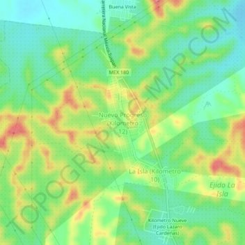 Mapa topográfico Nuevo Progreso (Kilometro 12), altitud, relieve