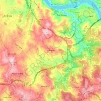 Mapa topográfico Sandim, altitud, relieve