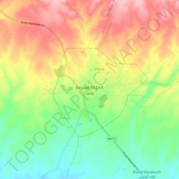 Mapa topográfico Bejaad, altitud, relieve
