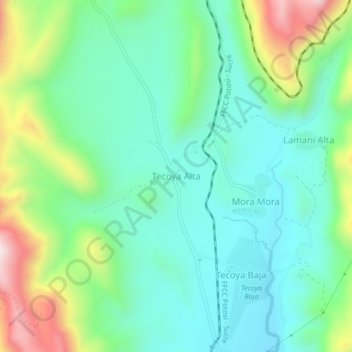 Mapa topográfico Tecoya Alta, altitud, relieve