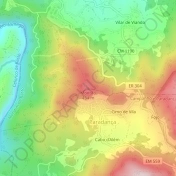 Mapa topográfico Montão, altitud, relieve
