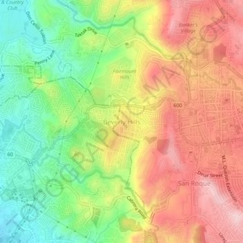 Mapa topográfico Beverly Hills, altitud, relieve