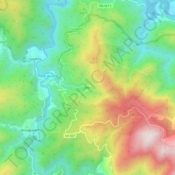 Mapa topográfico Telhe, altitud, relieve