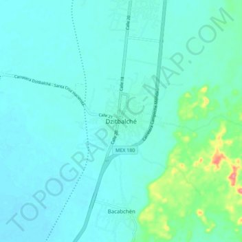 Mapa topográfico Dzitbalché, altitud, relieve