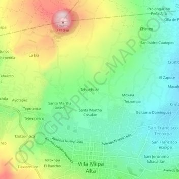 Mapa topográfico Tehuehuec, altitud, relieve