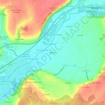 Mapa topográfico Baigneux, altitud, relieve