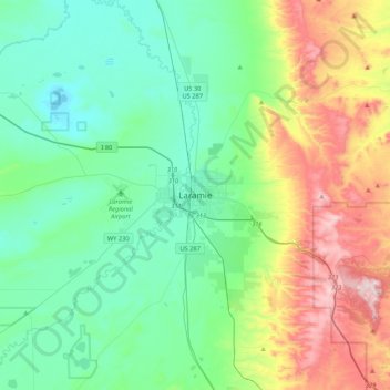 Mapa topográfico Laramie, altitud, relieve