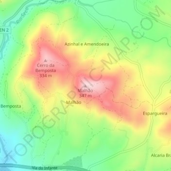 Mapa topográfico Malhão, altitud, relieve