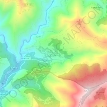 Mapa topográfico Folgoso do Courel, altitud, relieve