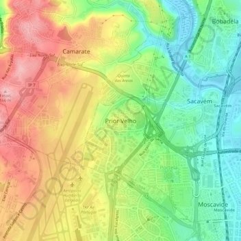 Mapa topográfico Prior Velho, altitud, relieve