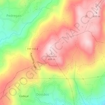 Mapa topográfico Monte do Borrelho, altitud, relieve