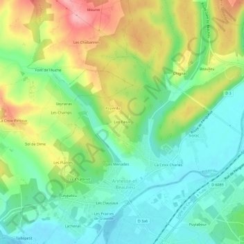 Mapa topográfico Les Fieux, altitud, relieve