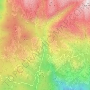 Mapa topográfico Cascata do Arado, altitud, relieve