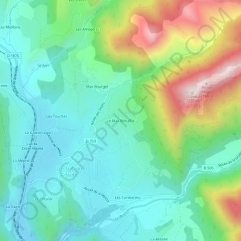 Mapa topográfico Le Mas Rebuffat, altitud, relieve