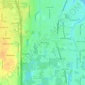 Mapa topográfico Oak Hill, altitud, relieve
