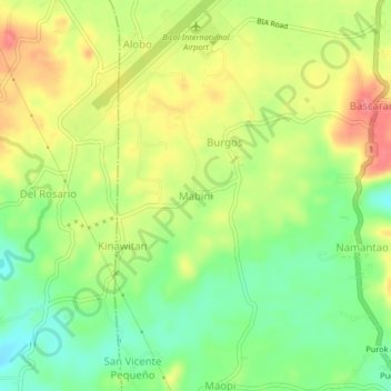 Mapa topográfico Mabini, altitud, relieve