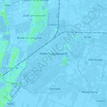 Mapa topográfico Heerhugowaard, altitud, relieve
