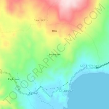 Mapa topográfico Burinawan, altitud, relieve