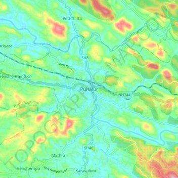 Mapa topográfico Punalur, altitud, relieve