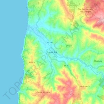 Mapa topográfico Lourinhã, altitud, relieve