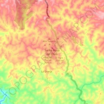 Mapa topográfico Santa Rosa de Osos, altitud, relieve