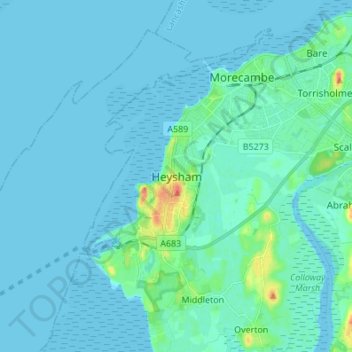 Mapa topográfico Heysham, altitud, relieve